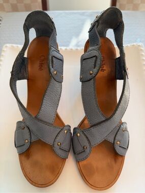 Chloé Gray Leather Studded Strappy Heels Sandals Size 39 Made in Italy